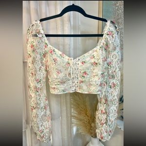 Floral Mesh Long Sleeve Crop Top